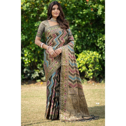 pkrkart Women's Organza Printed Saree With Unstitched Blouse (Grey, 5-6 Mtrs)