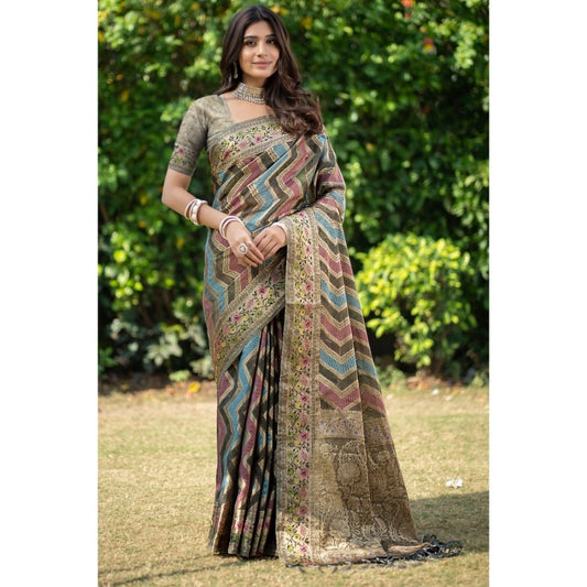 pkrkart Women's Organza Printed Saree With Unstitched Blouse (Grey, 5-6 Mtrs)