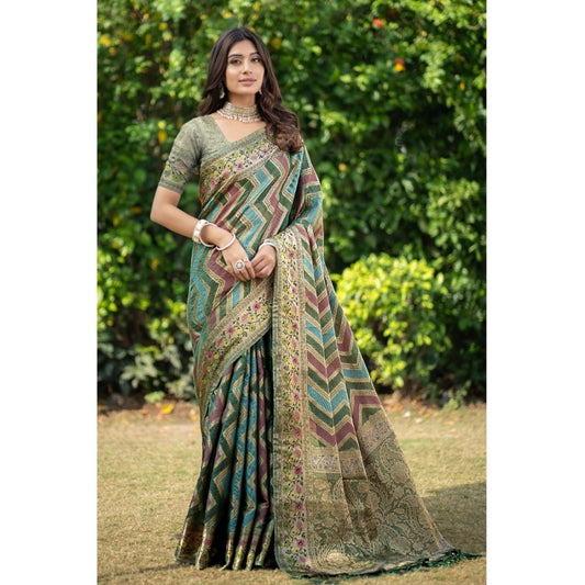 pkrkart Women's Organza Printed Saree With Unstitched Blouse (Green, 5-6 Mtrs)