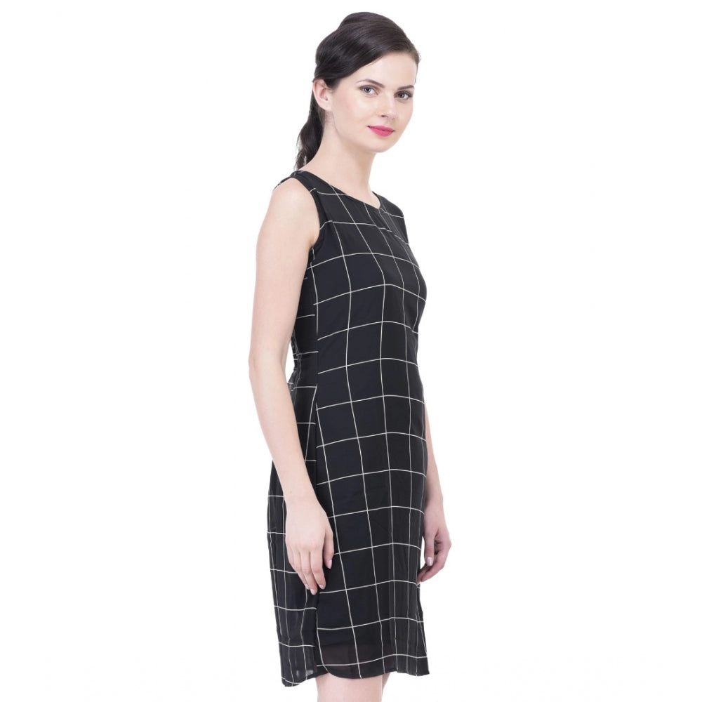 PKRKART Women's Cotton Blend Checked Sleeveless Sheath Dress (Black)