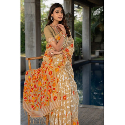 pkrkart Women's Cotton Printed Saree With Unstitched Blouse (Beige, 5-6 Mtrs)