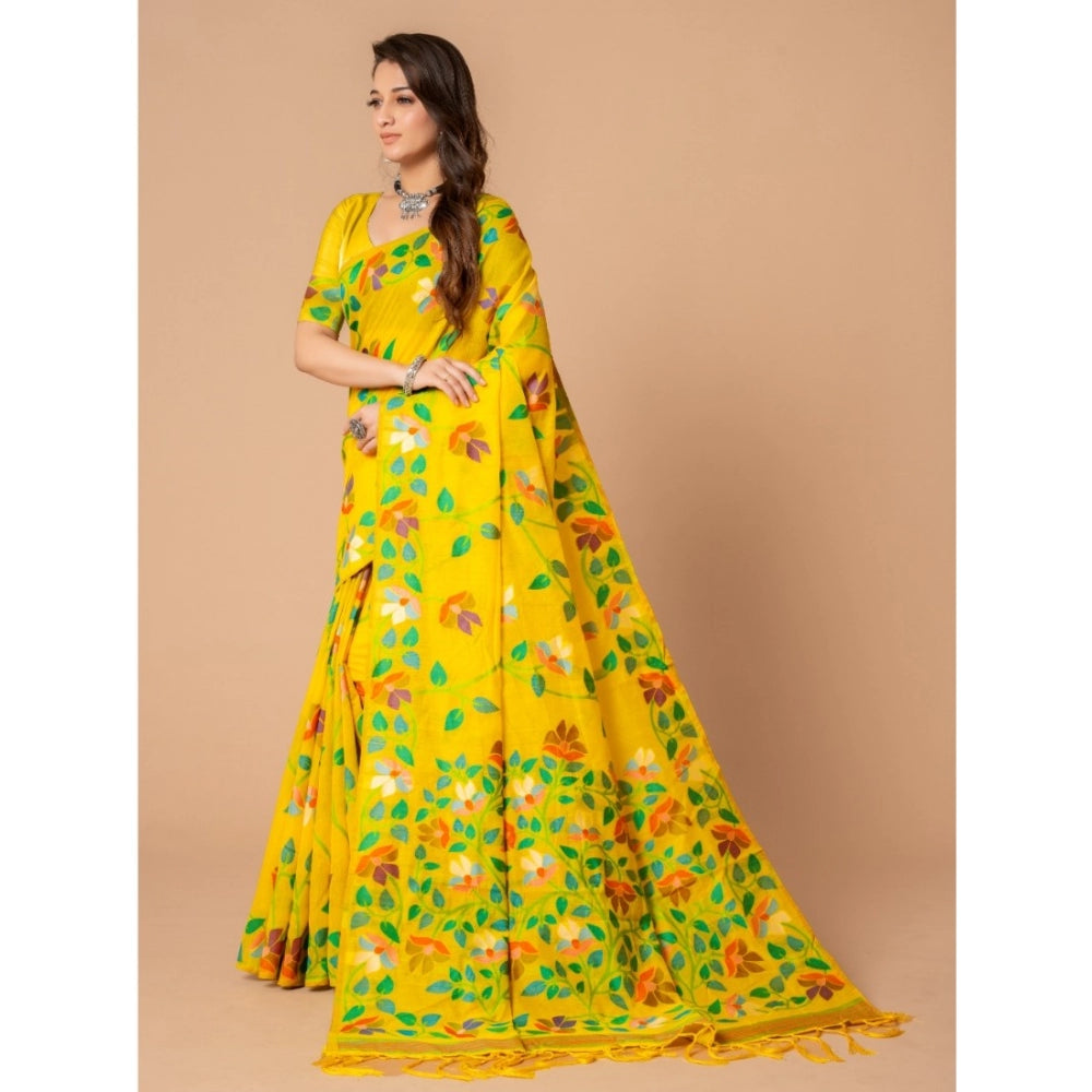 pkrkart Women's Cotton Printed Saree With Unstitched Blouse (Yellow, 5-6 Mtrs)
