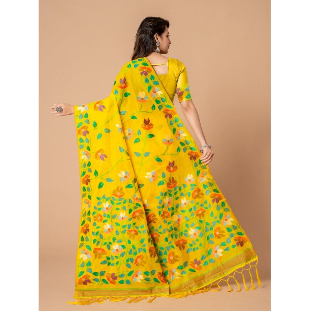 pkrkart Women's Cotton Printed Saree With Unstitched Blouse (Yellow, 5-6 Mtrs)