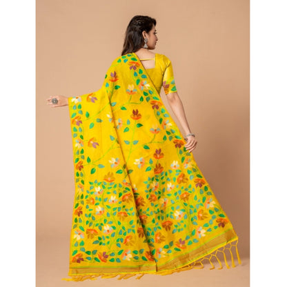 pkrkart Women's Cotton Printed Saree With Unstitched Blouse (Yellow, 5-6 Mtrs)