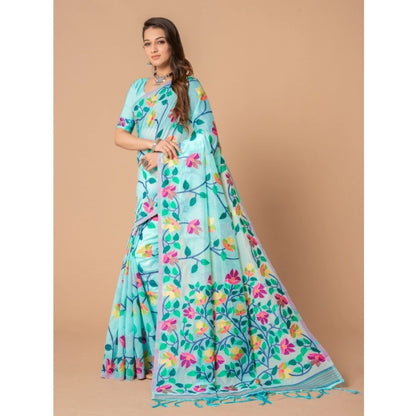 pkrkart Women's Cotton Printed Saree With Unstitched Blouse (Sky Blue, 5-6 Mtrs)