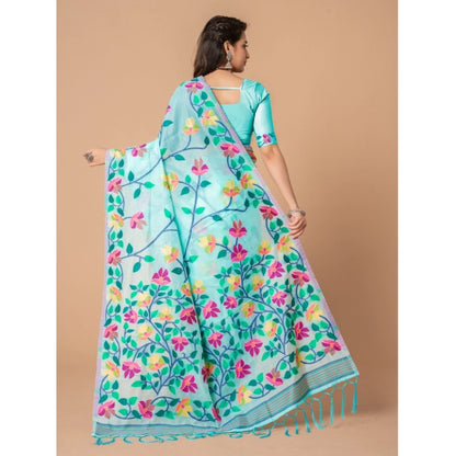 pkrkart Women's Cotton Printed Saree With Unstitched Blouse (Sky Blue, 5-6 Mtrs)