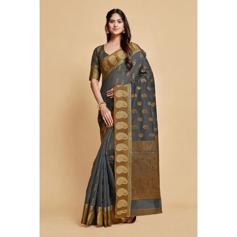 pkrkart Women's Chanderi Cotton Printed Saree With Unstitched Blouse (Grey, 5-6 Mtrs)