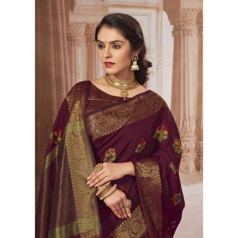pkrkart Women's Chanderi Cotton Printed Saree With Unstitched Blouse (Maroon, 5-6 Mtrs)