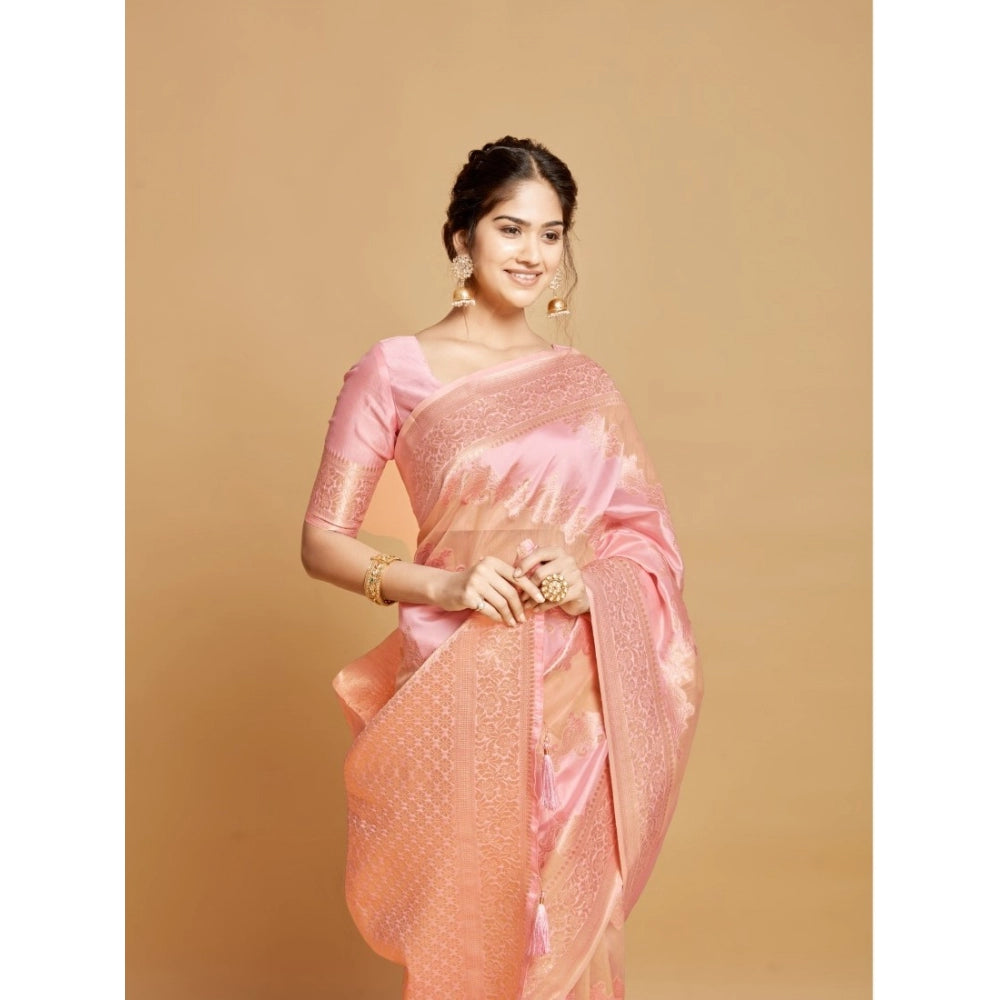 pkrkart Women's Linen Printed Saree With Unstitched Blouse (Pink, 5-6 Mtrs)