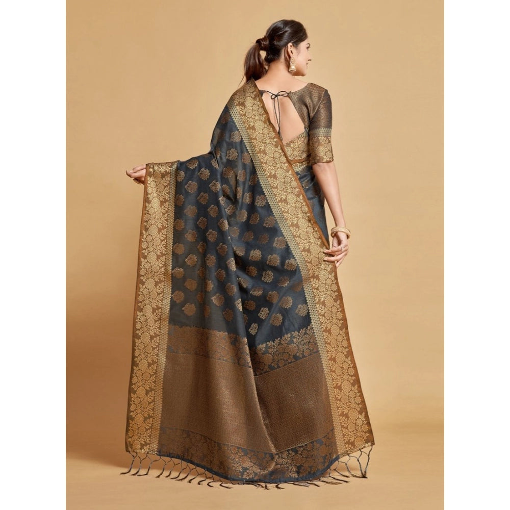 pkrkart Women's Chanderi Cotton Printed Saree With Unstitched Blouse (Grey, 5-6 Mtrs)