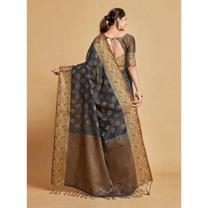 pkrkart Women's Chanderi Cotton Printed Saree With Unstitched Blouse (Grey, 5-6 Mtrs)