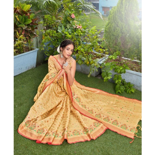 pkrkart Women's Organza Printed Saree With Unstitched Blouse (Beige, 5-6 Mtrs)