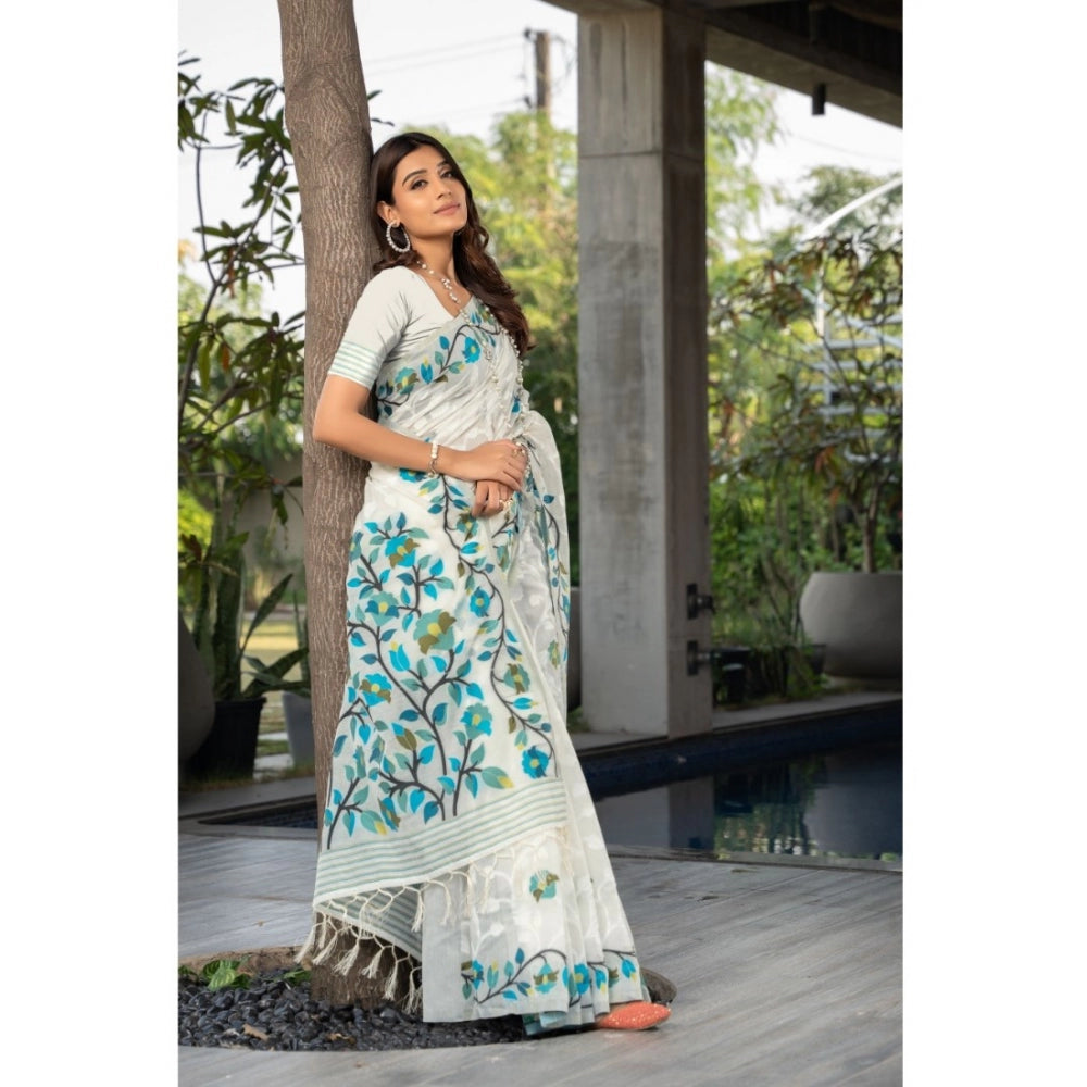 pkrkart Women's Cotton Printed Saree With Unstitched Blouse (White, 5-6 Mtrs)