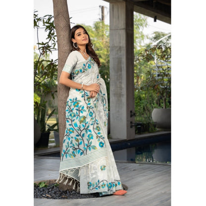 pkrkart Women's Cotton Printed Saree With Unstitched Blouse (White, 5-6 Mtrs)