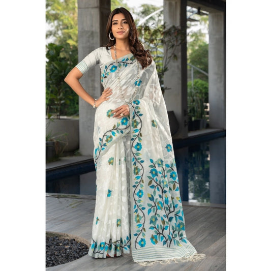 pkrkart Women's Cotton Printed Saree With Unstitched Blouse (White, 5-6 Mtrs)
