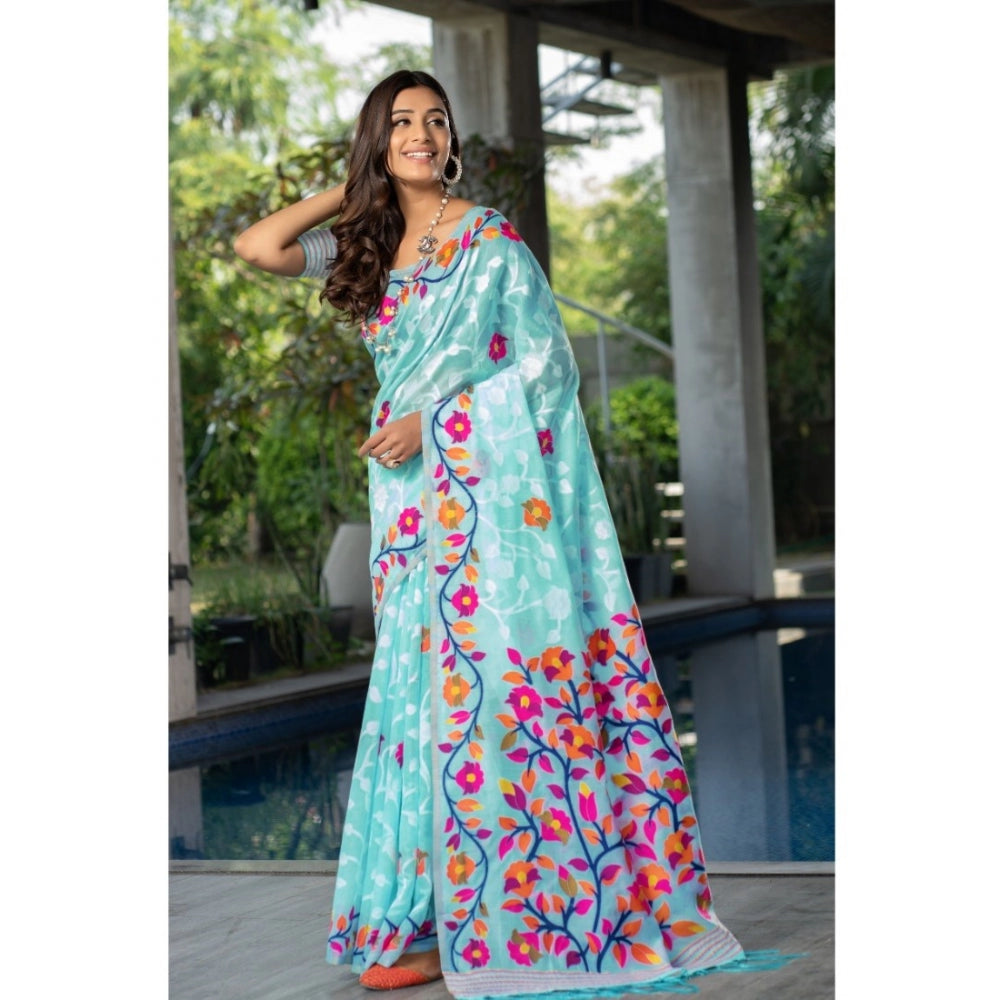 pkrkart Women's Cotton Printed Saree With Unstitched Blouse (Sky Blue, 5-6 Mtrs)