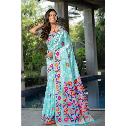 pkrkart Women's Cotton Printed Saree With Unstitched Blouse (Sky Blue, 5-6 Mtrs)
