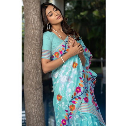 pkrkart Women's Cotton Printed Saree With Unstitched Blouse (Sky Blue, 5-6 Mtrs)