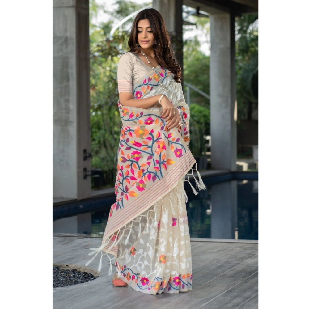 pkrkart Women's Cotton Printed Saree With Unstitched Blouse (Off-White, 5-6 Mtrs)