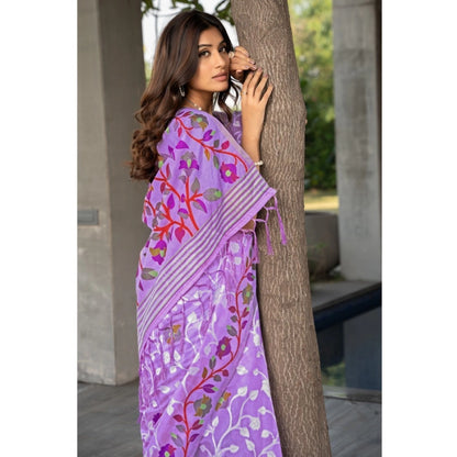 pkrkart Women's Cotton Printed Saree With Unstitched Blouse (Lavender, 5-6 Mtrs)