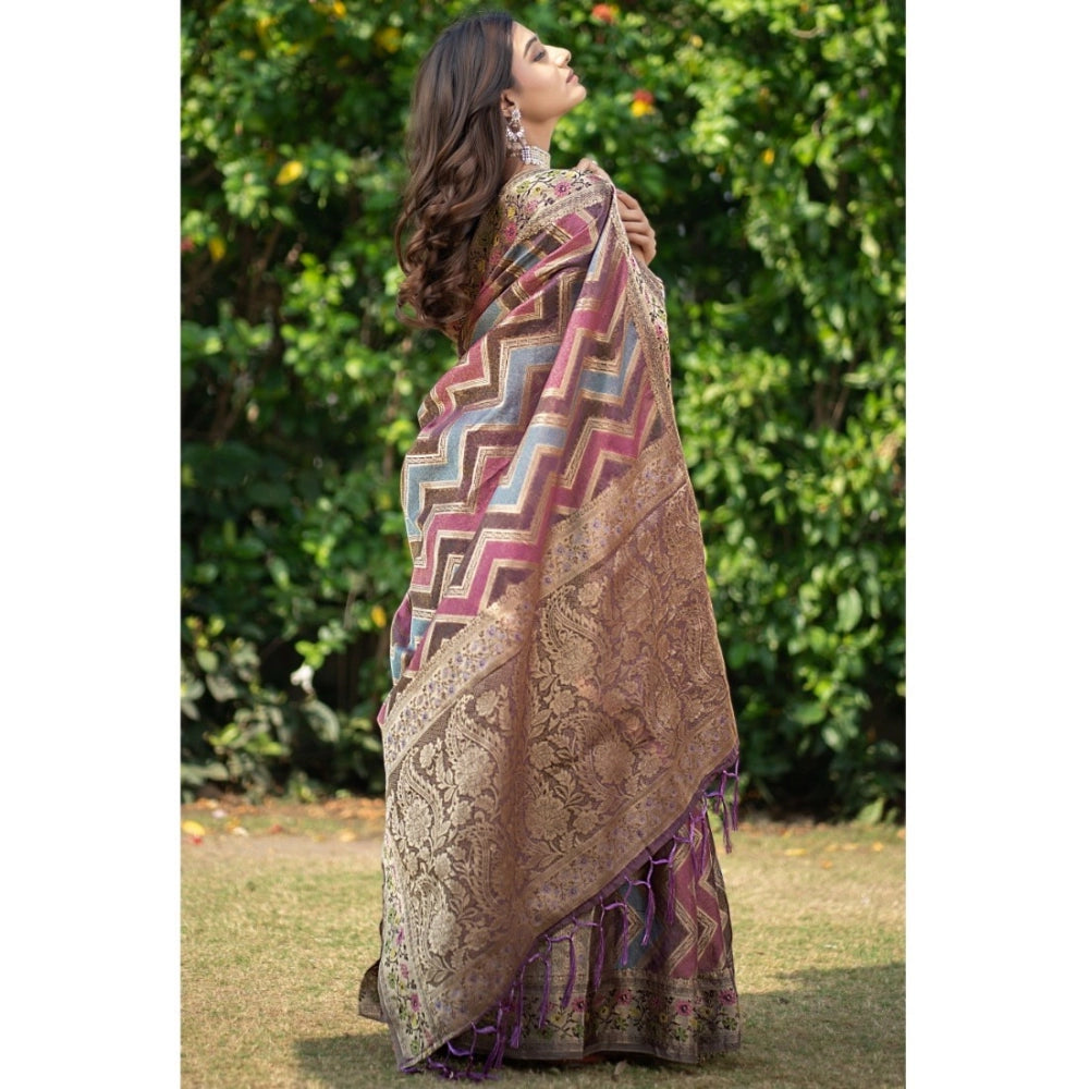 pkrkart Women's Organza Printed Saree With Unstitched Blouse (Wine, 5-6 Mtrs)