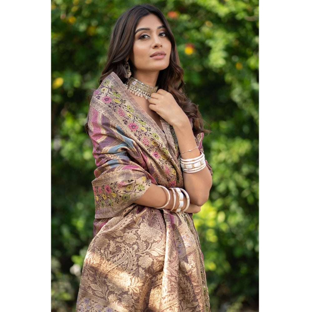pkrkart Women's Organza Printed Saree With Unstitched Blouse (Wine, 5-6 Mtrs)