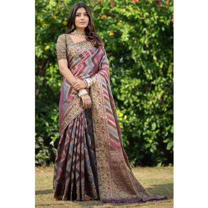 pkrkart Women's Organza Printed Saree With Unstitched Blouse (Wine, 5-6 Mtrs)