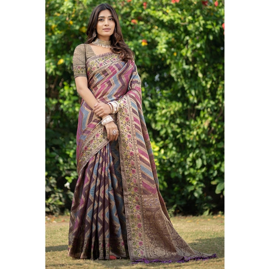 pkrkart Women's Organza Printed Saree With Unstitched Blouse (Wine, 5-6 Mtrs)
