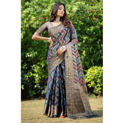 pkrkart Women's Organza Printed Saree With Unstitched Blouse (Teal, 5-6 Mtrs)