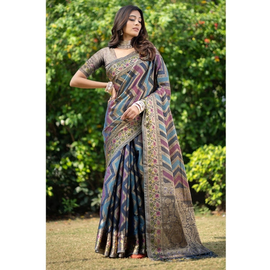 pkrkart Women's Organza Printed Saree With Unstitched Blouse (Teal, 5-6 Mtrs)