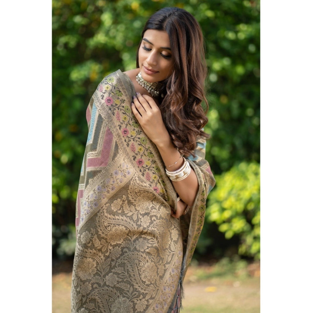 pkrkart Women's Organza Printed Saree With Unstitched Blouse (Grey, 5-6 Mtrs)