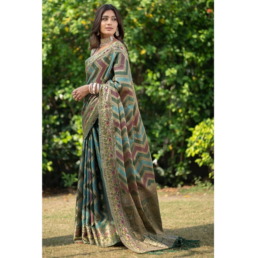 pkrkart Women's Organza Printed Saree With Unstitched Blouse (Green, 5-6 Mtrs)