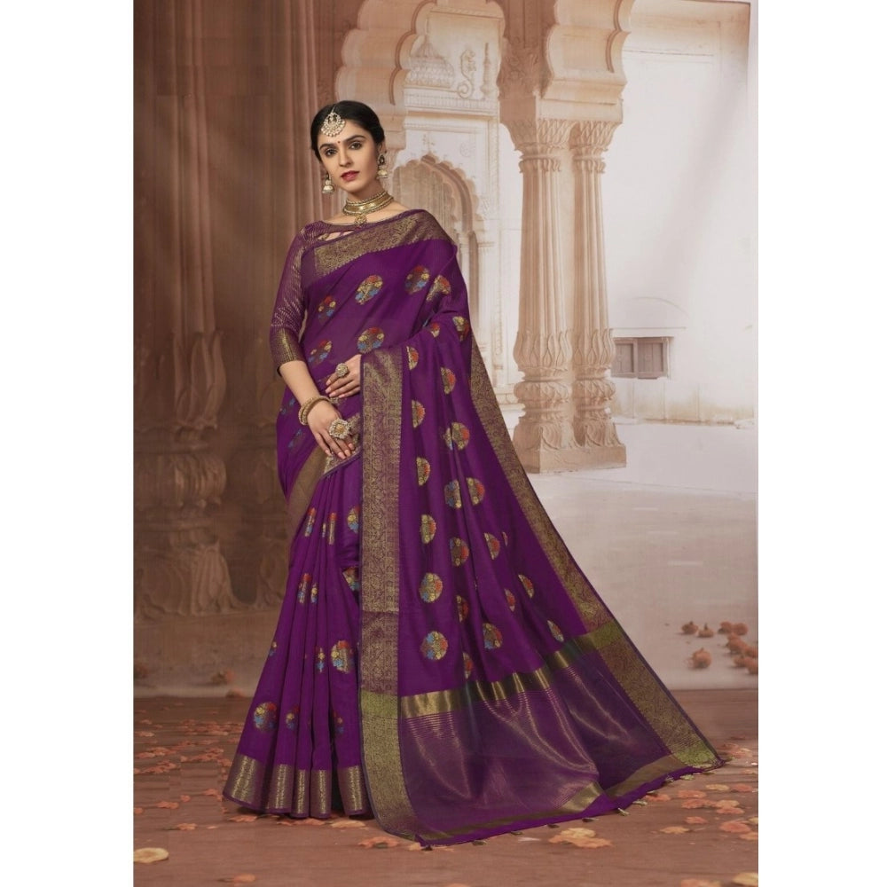 pkrkart Women's Chanderi Cotton Printed Saree With Unstitched Blouse (Purple, 5-6 Mtrs)