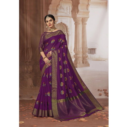 pkrkart Women's Chanderi Cotton Printed Saree With Unstitched Blouse (Purple, 5-6 Mtrs)