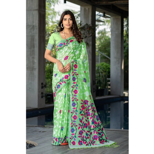 pkrkart Women's Cotton Printed Saree With Unstitched Blouse (Green, 5-6 Mtrs)