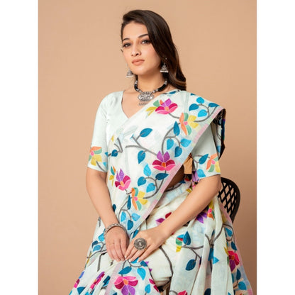 pkrkart Women's Cotton Printed Saree With Unstitched Blouse (White, 5-6 Mtrs)