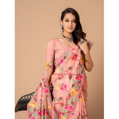 pkrkart Women's Cotton Printed Saree With Unstitched Blouse (Pink, 5-6 Mtrs)