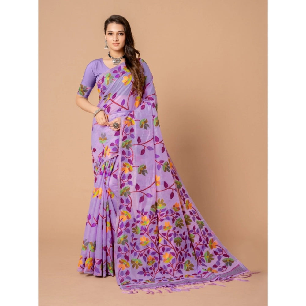 pkrkart Women's Cotton Printed Saree With Unstitched Blouse (Lavender, 5-6 Mtrs)