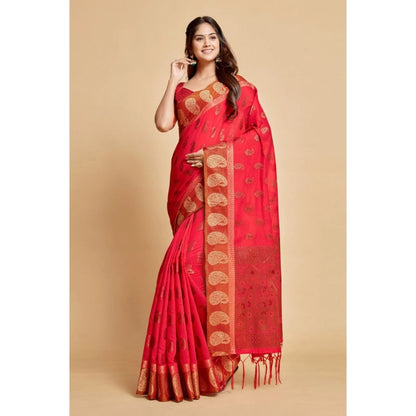 pkrkart Women's Chanderi Cotton Printed Saree With Unstitched Blouse (Pink, 5-6 Mtrs)