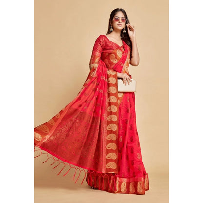 pkrkart Women's Chanderi Cotton Printed Saree With Unstitched Blouse (Pink, 5-6 Mtrs)