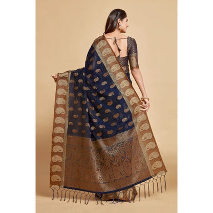 pkrkart Women's Chanderi Cotton Printed Saree With Unstitched Blouse (Navy Blue, 5-6 Mtrs)