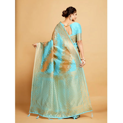 pkrkart Women's Linen Printed Saree With Unstitched Blouse (Sky Blue, 5-6 Mtrs)