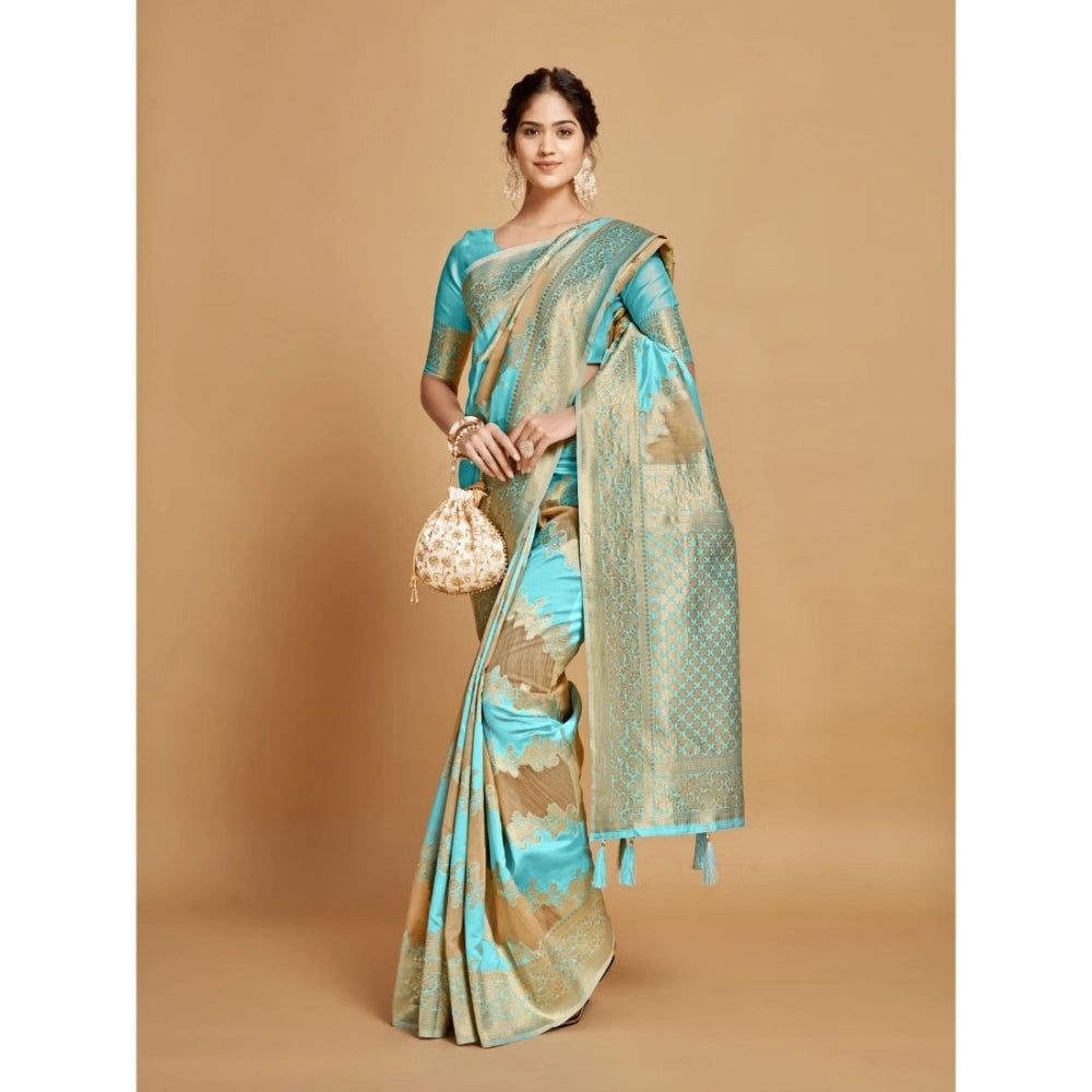 pkrkart Women's Linen Printed Saree With Unstitched Blouse (Sky Blue, 5-6 Mtrs)