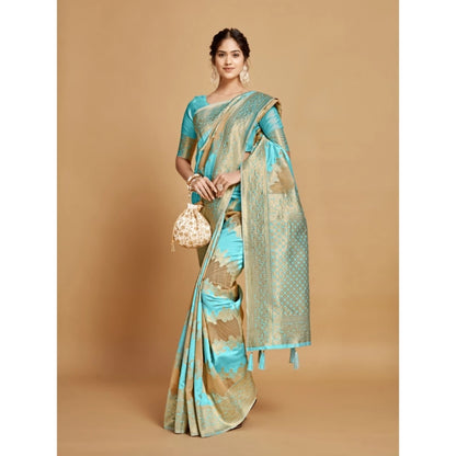 pkrkart Women's Linen Printed Saree With Unstitched Blouse (Sky Blue, 5-6 Mtrs)