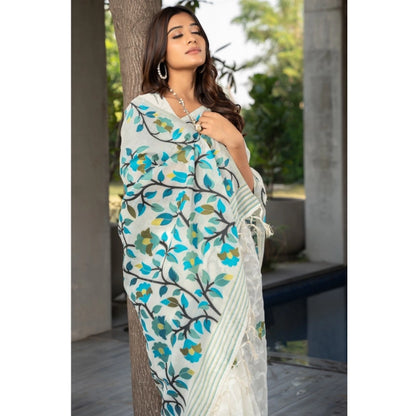 pkrkart Women's Cotton Printed Saree With Unstitched Blouse (White, 5-6 Mtrs)