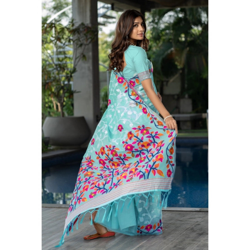 pkrkart Women's Cotton Printed Saree With Unstitched Blouse (Sky Blue, 5-6 Mtrs)
