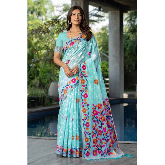 pkrkart Women's Cotton Printed Saree With Unstitched Blouse (Sky Blue, 5-6 Mtrs)