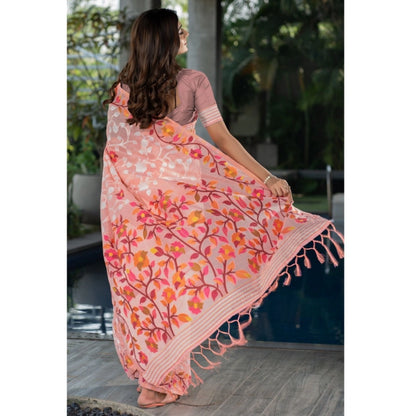 pkrkart Women's Cotton Printed Saree With Unstitched Blouse (Peach, 5-6 Mtrs)