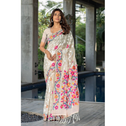 pkrkart Women's Cotton Printed Saree With Unstitched Blouse (Off-White, 5-6 Mtrs)