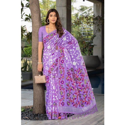 pkrkart Women's Cotton Printed Saree With Unstitched Blouse (Lavender, 5-6 Mtrs)